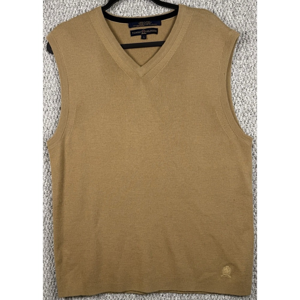 Vintage Tommy Hilfiger Japan Merino Wool Sweater Vest Tan V Neck Men's L